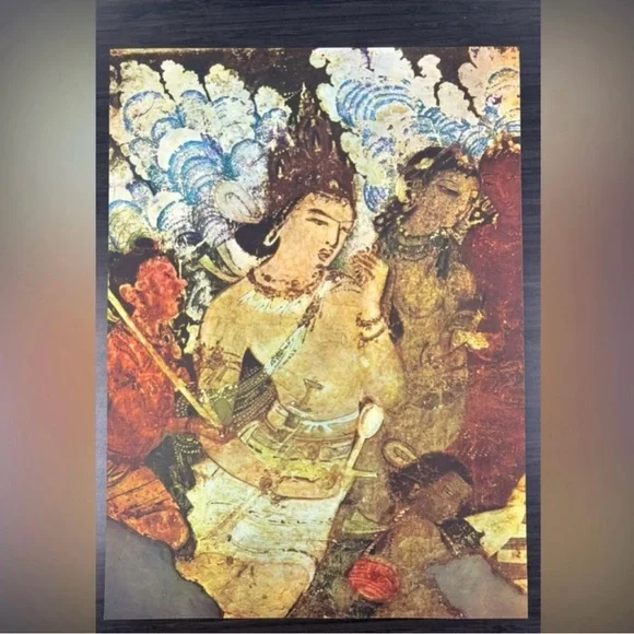 Indra, King of Heaven Original Antique Vintage Fine Art INDIA Print Ajanta Caves